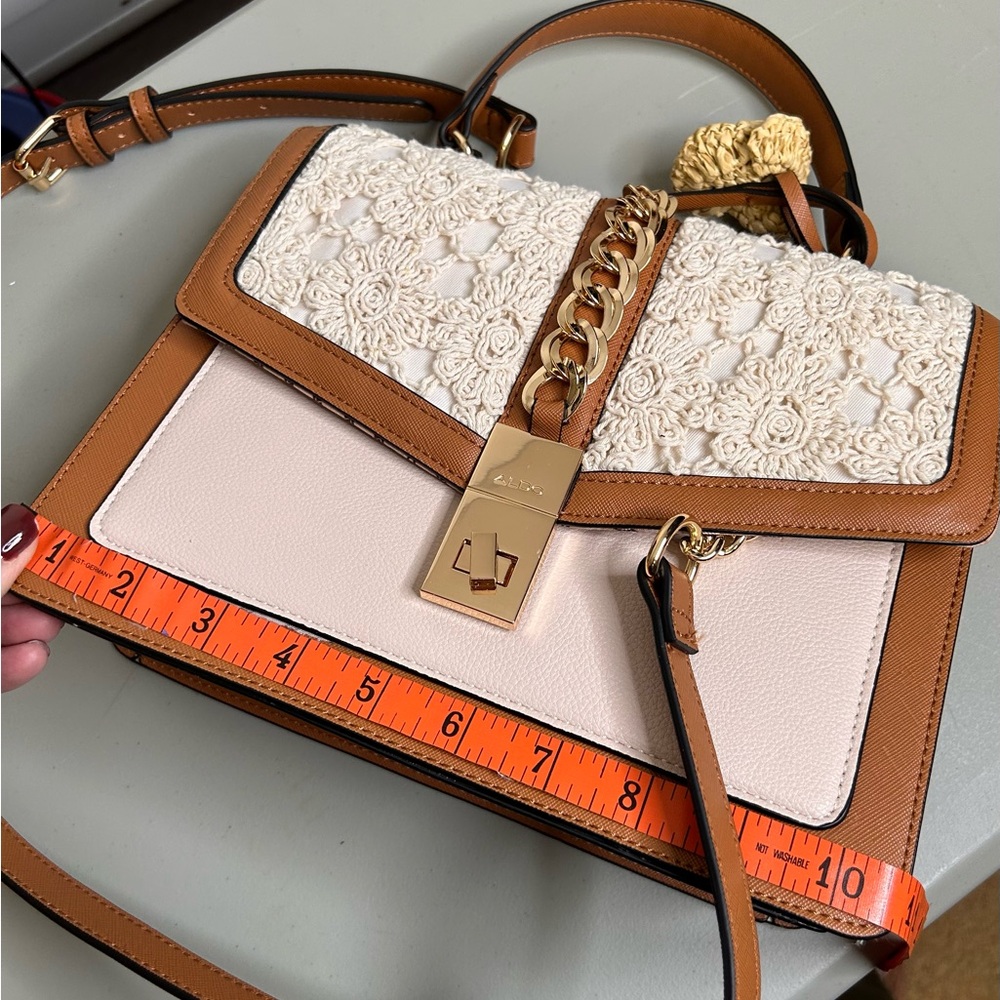 Aldo Pink and Brown Crossbody Bag with Crochet & Chain Detail Top Handle - Picture 4 of 8
